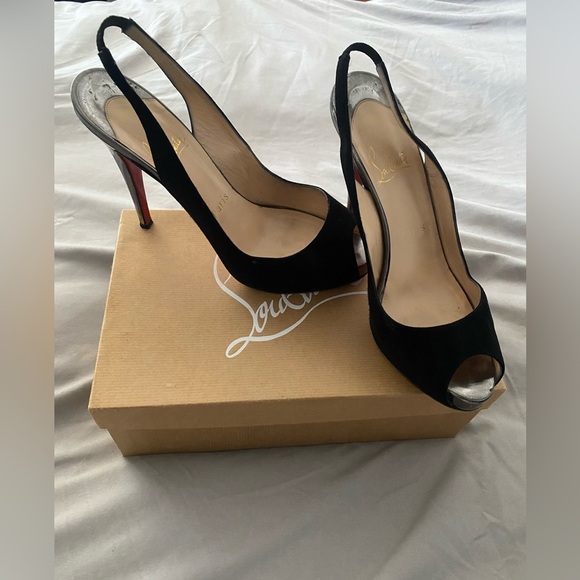 Christian Louboutin, Black suede peekaboo slingbacks. Sz 40.